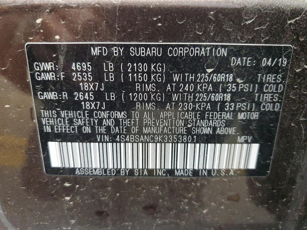 VIN 4S4BSANC9K3353801 2019 SUBARU OUTBACK no.13