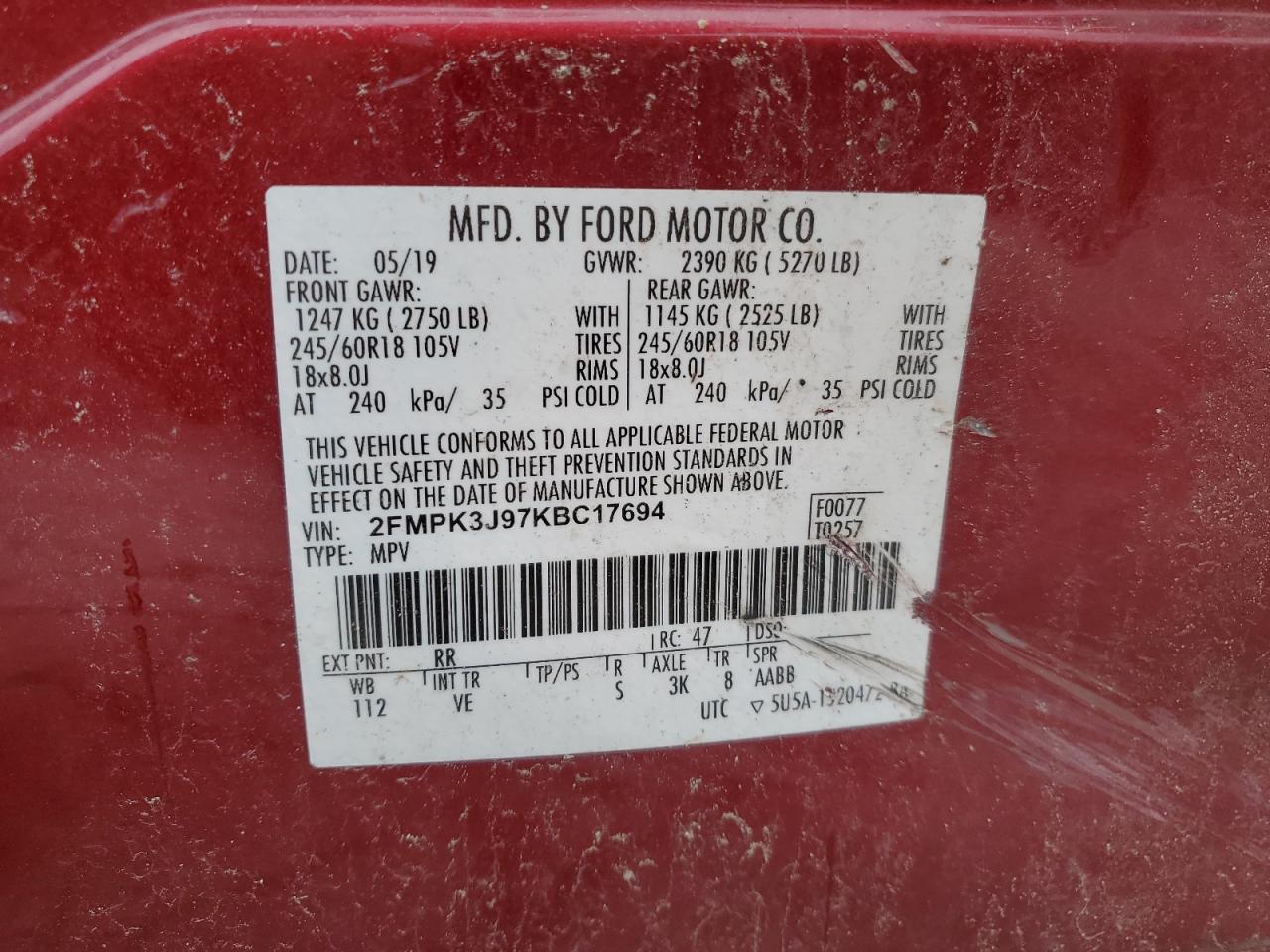 VIN 2FMPK3J97KBC17694 2019 FORD EDGE no.13