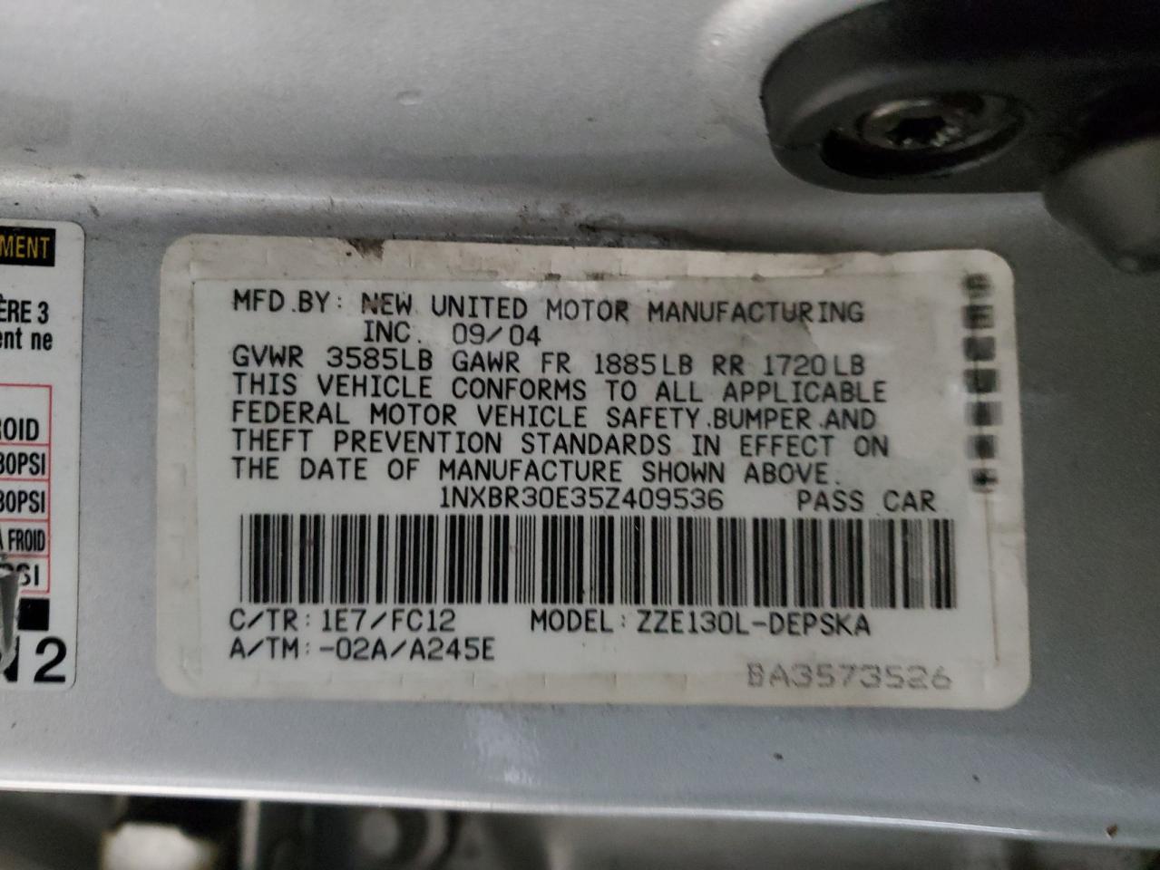 2005 Toyota Corolla Ce VIN: 1NXBR30E35Z409536 Lot: 81784354