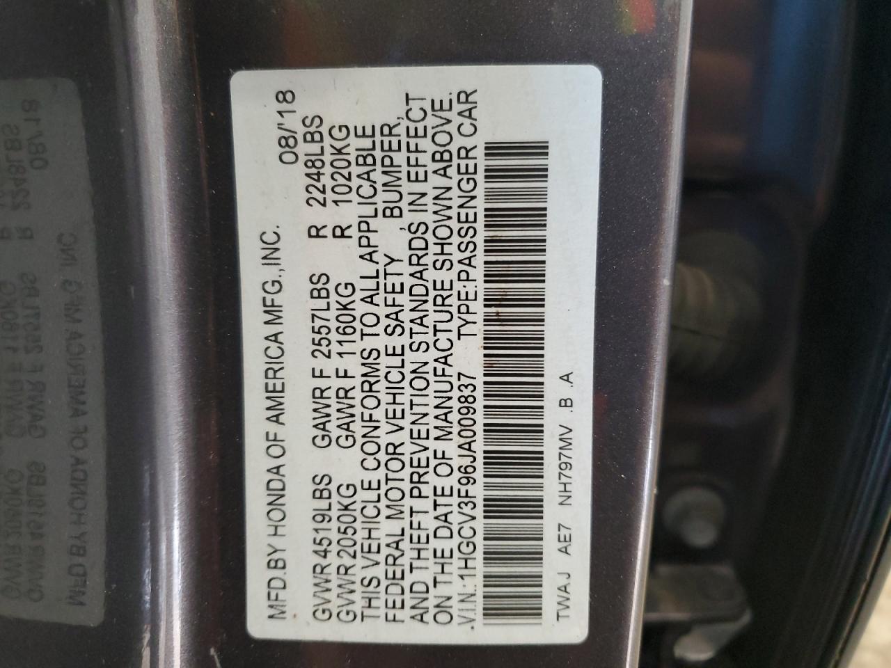 2018 Honda Accord Touring Hybrid VIN: 1HGCV3F96JA009837 Lot: 79685464