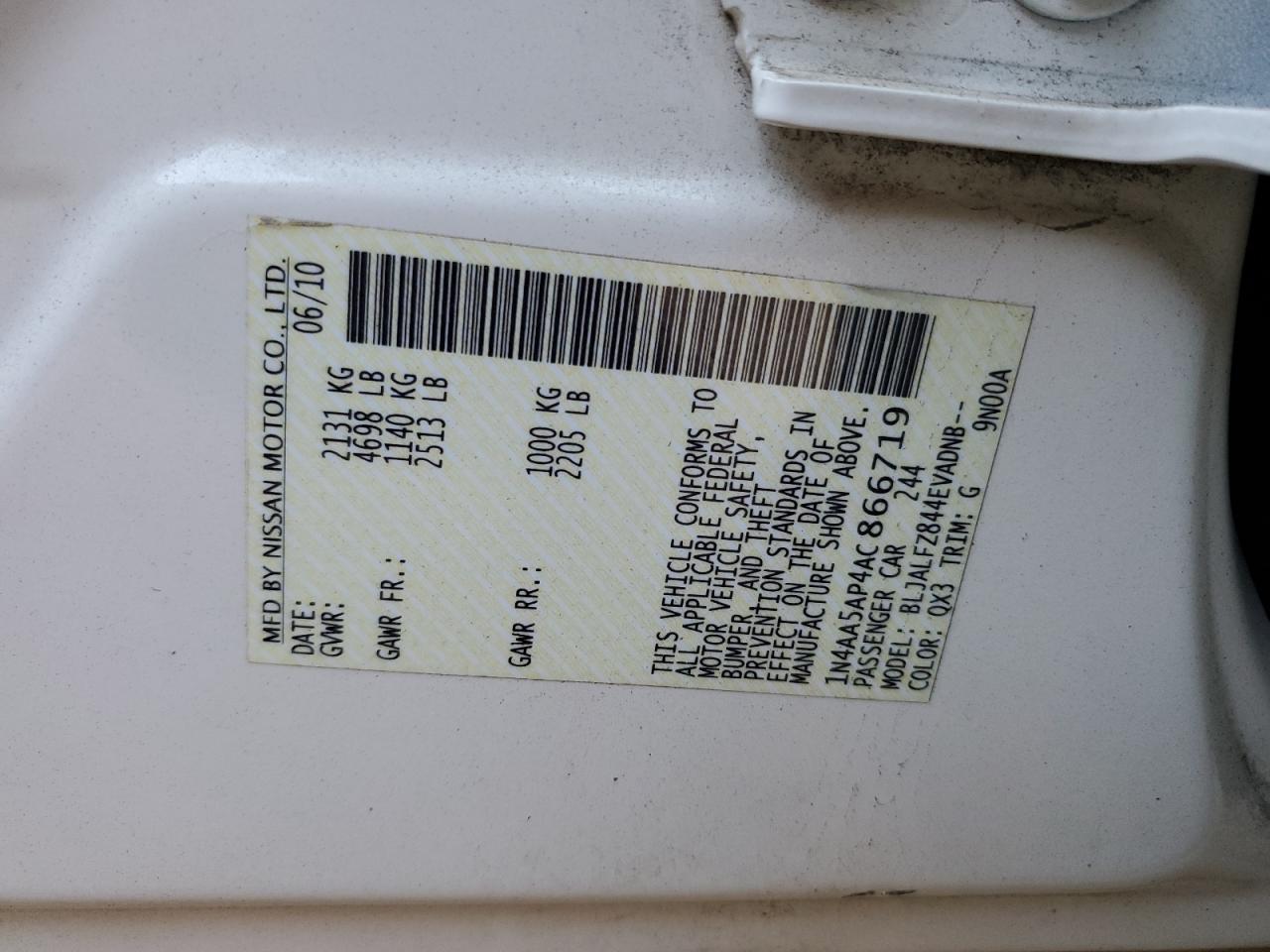 2010 Nissan Maxima S VIN: 1N4AA5AP4AC866719 Lot: 79409734