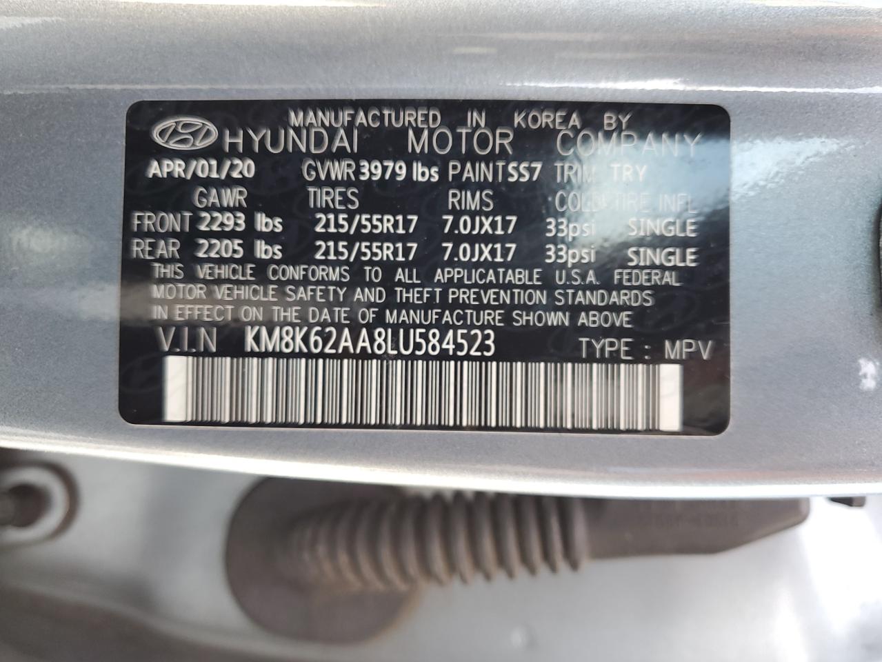 VIN KM8K62AA8LU584523 2020 HYUNDAI KONA no.13