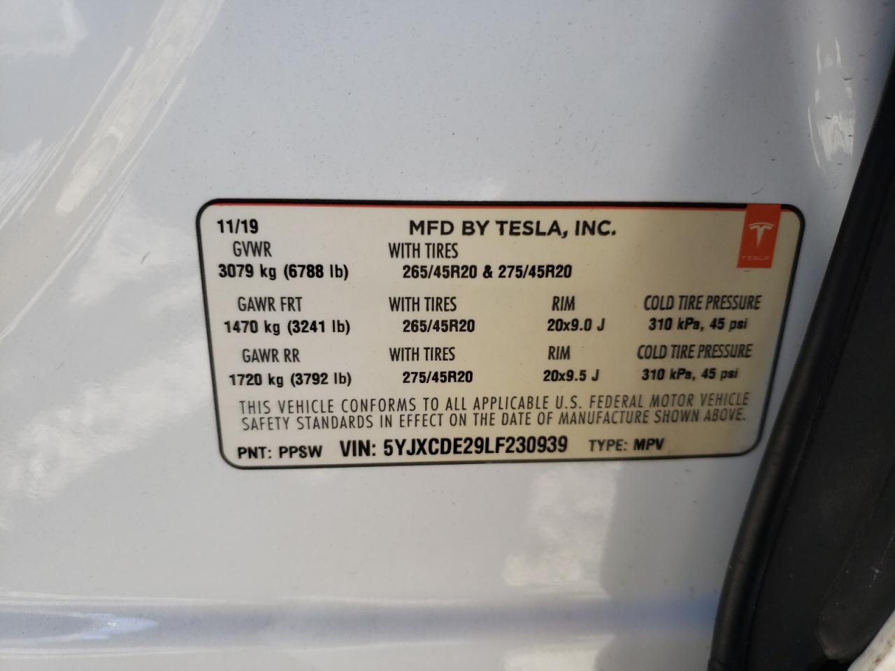 2020 Tesla Model X VIN: 5YJXCDE29LF230939 Lot: 79963944