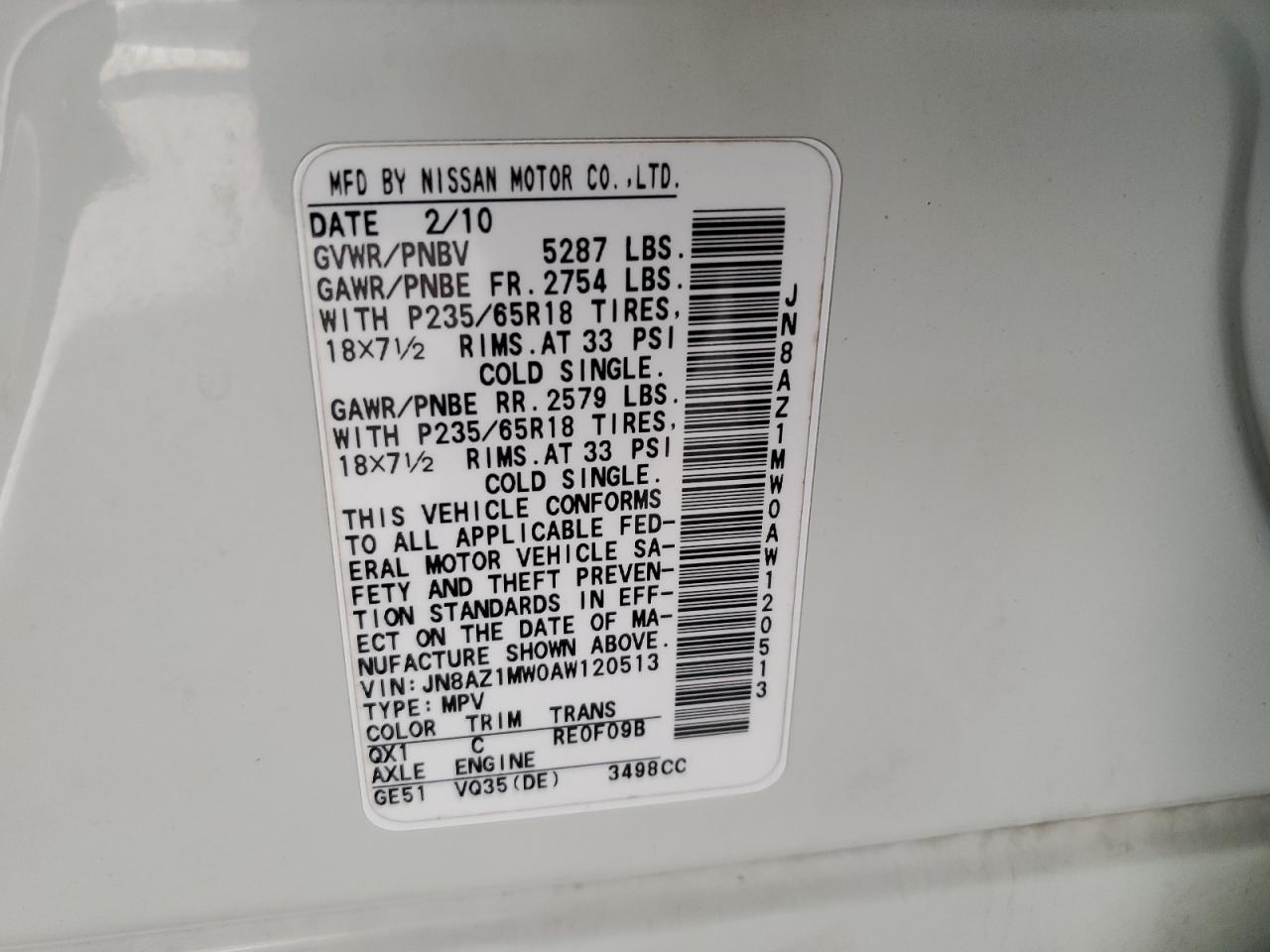 2010 Nissan Murano S VIN: JN8AZ1MW0AW120513 Lot: 81363634