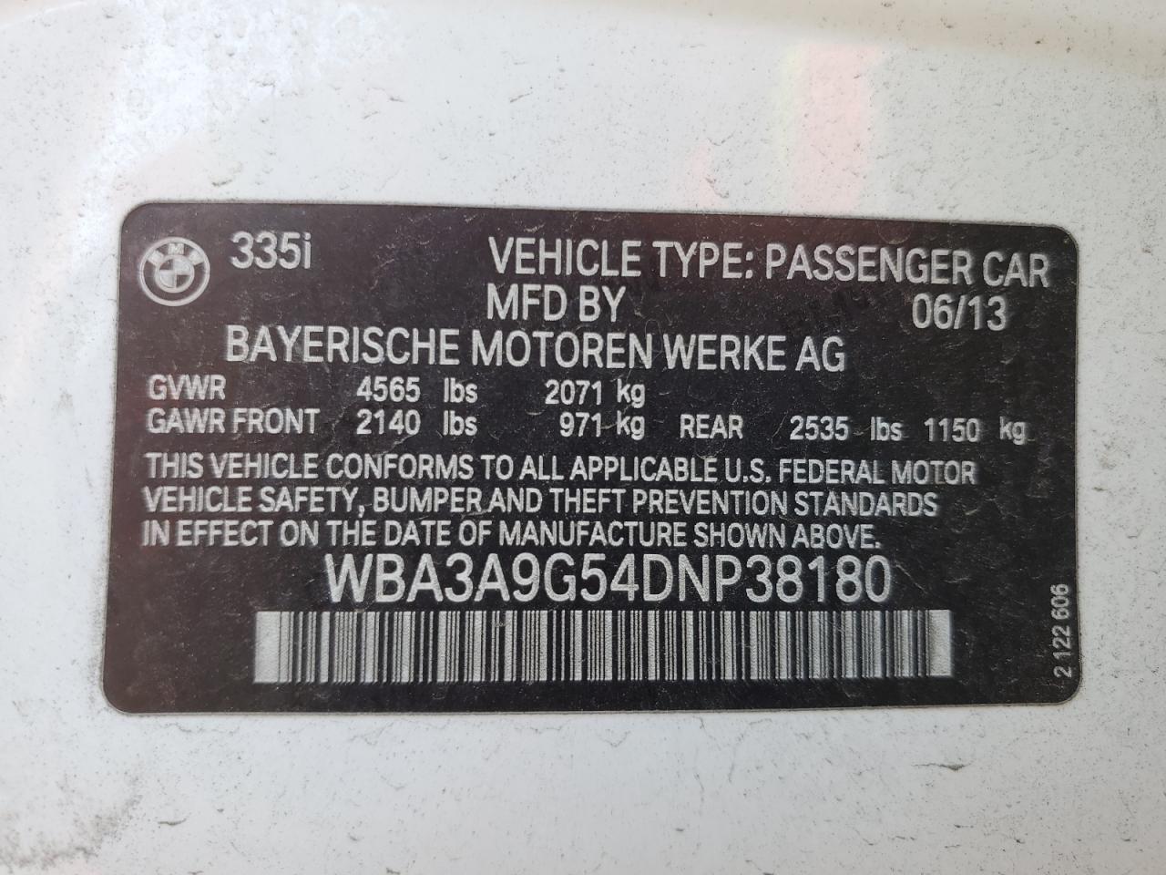 2013 BMW 335 I VIN: WBA3A9G54DNP38180 Lot: 79136254