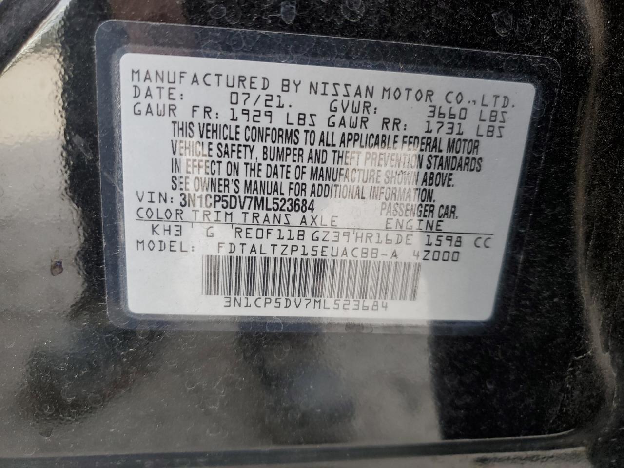 2021 Nissan Kicks Sr VIN: 3N1CP5DV7ML523684 Lot: 78582094