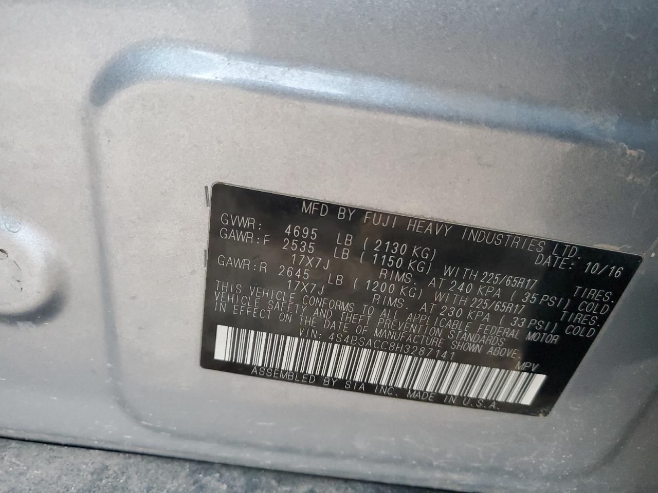 2017 Subaru Outback 2.5I Premium VIN: 4S4BSACC8H3287141 Lot: 80780364