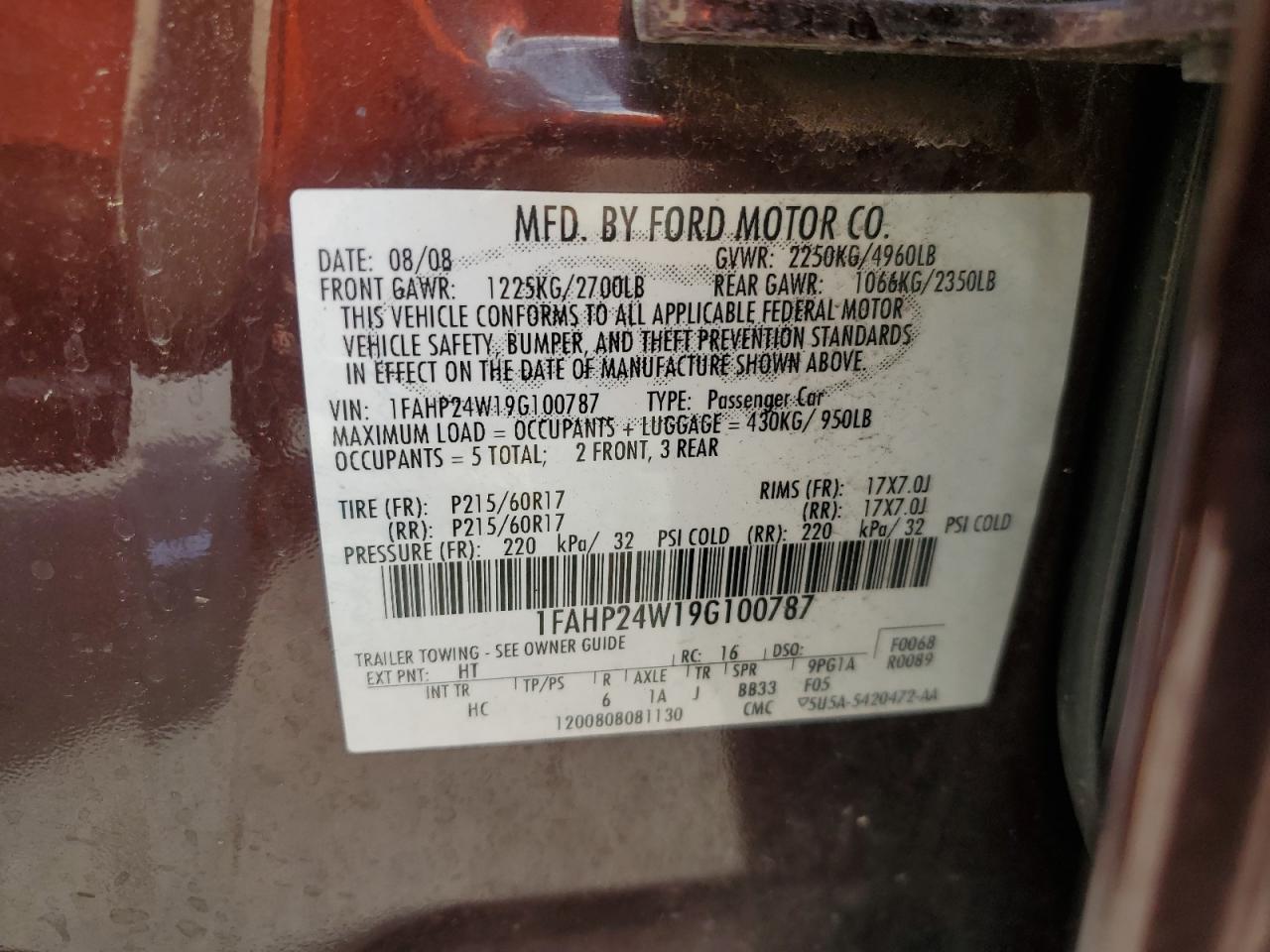 2009 Ford Taurus Sel VIN: 1FAHP24W19G100787 Lot: 79452924