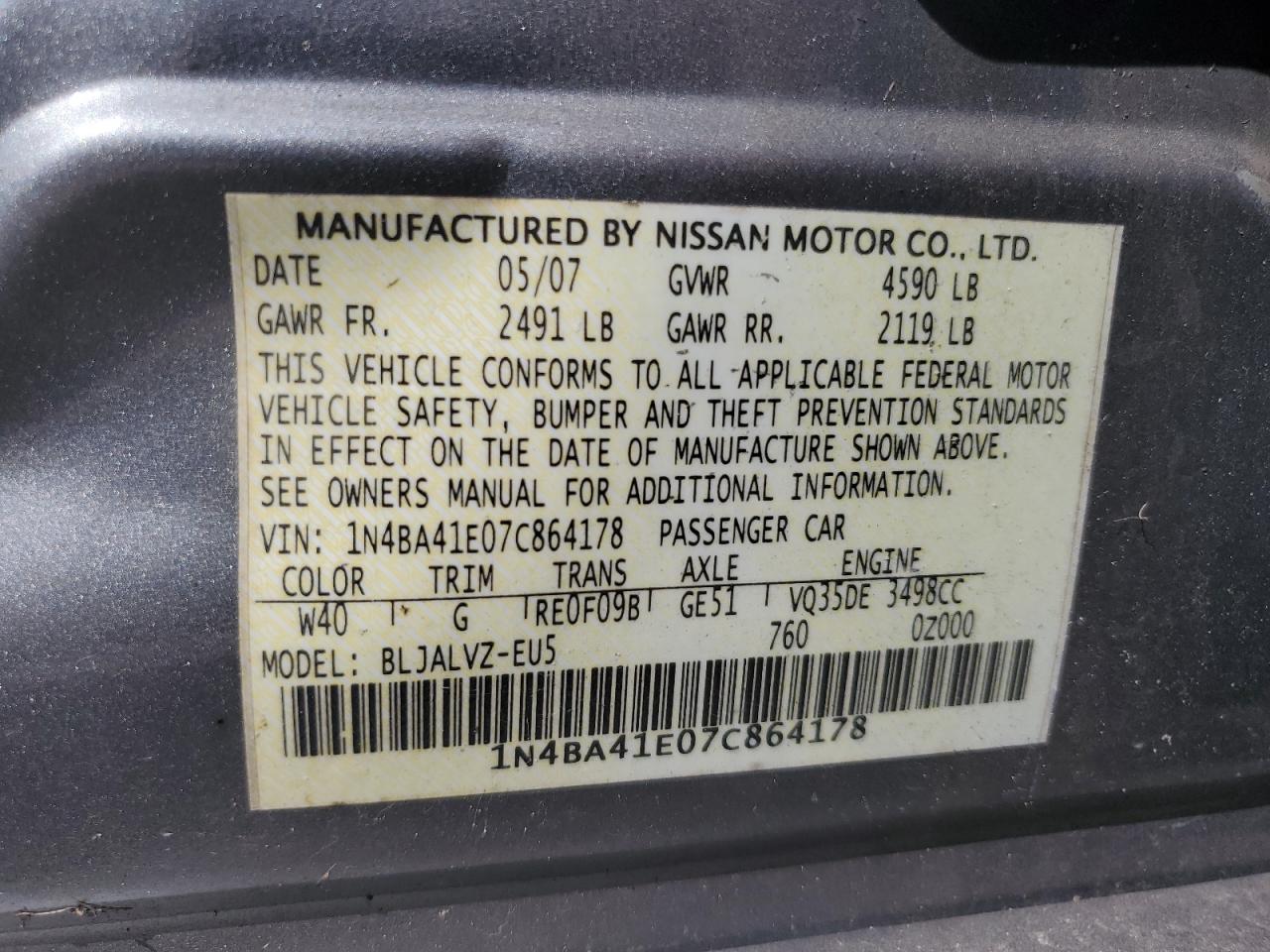 2007 Nissan Maxima Se VIN: 1N4BA41E07C864178 Lot: 79840244