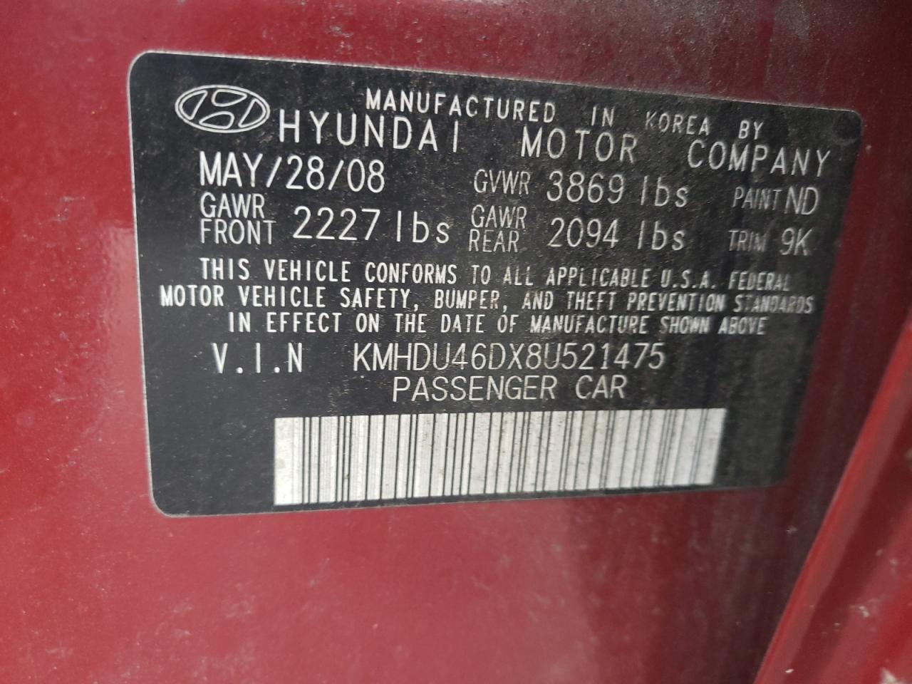 2008 Hyundai Elantra Gls VIN: KMHDU46DX8U521475 Lot: 79524864