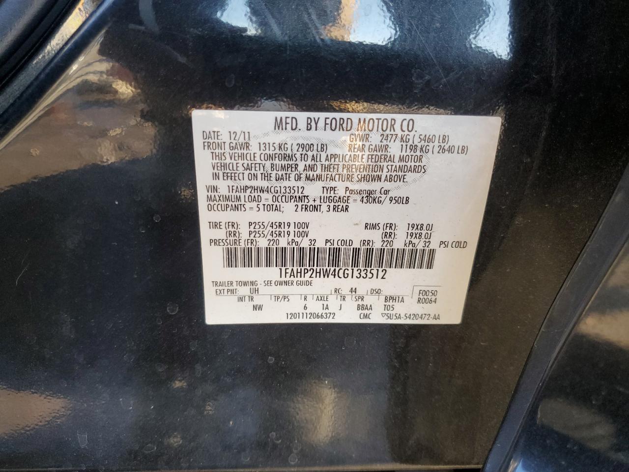 2012 Ford Taurus Sel VIN: 1FAHP2HW4CG133512 Lot: 80256724