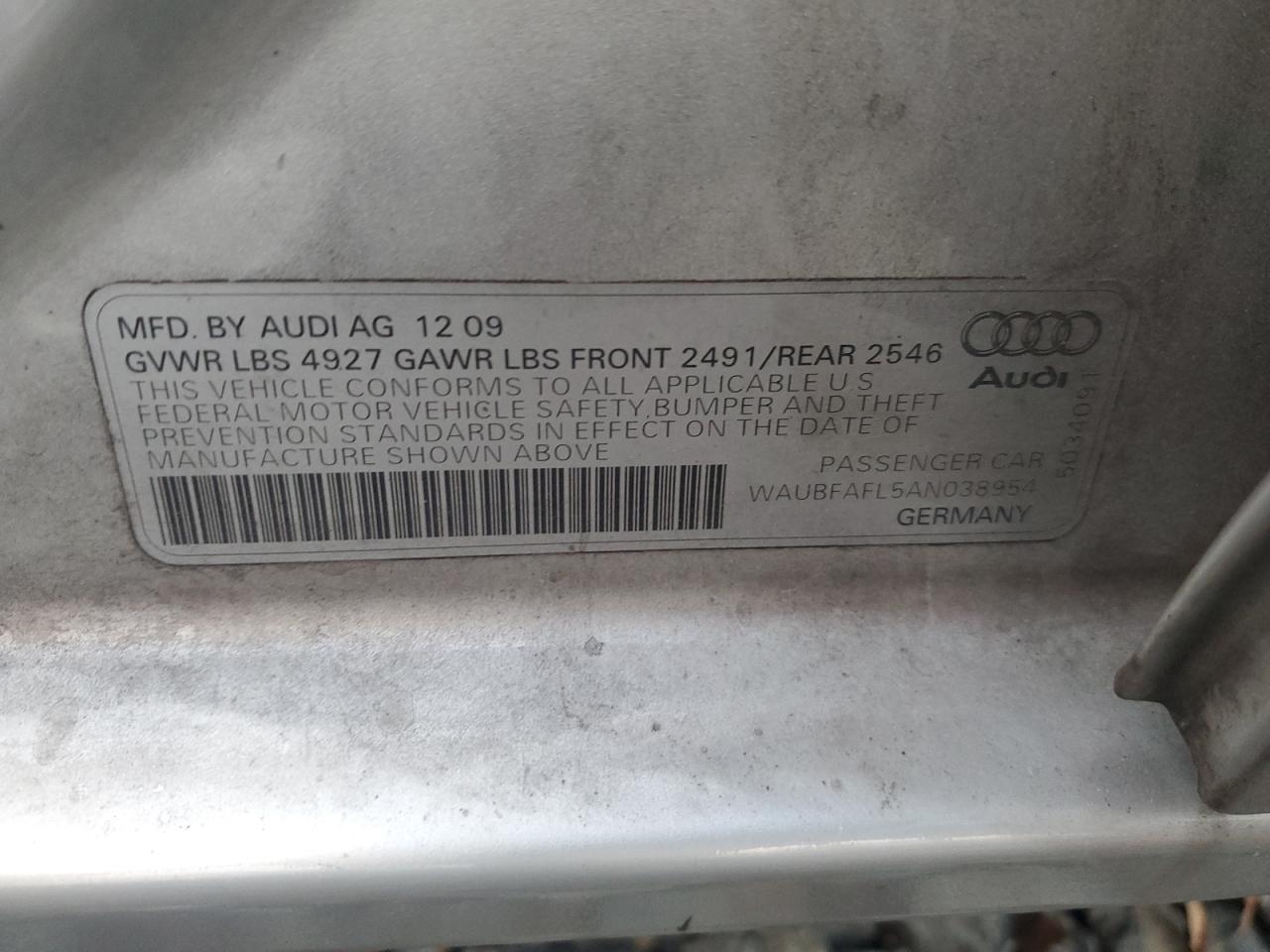 2010 Audi A4 Premium VIN: WAUBFAFL5AN038954 Lot: 80591324