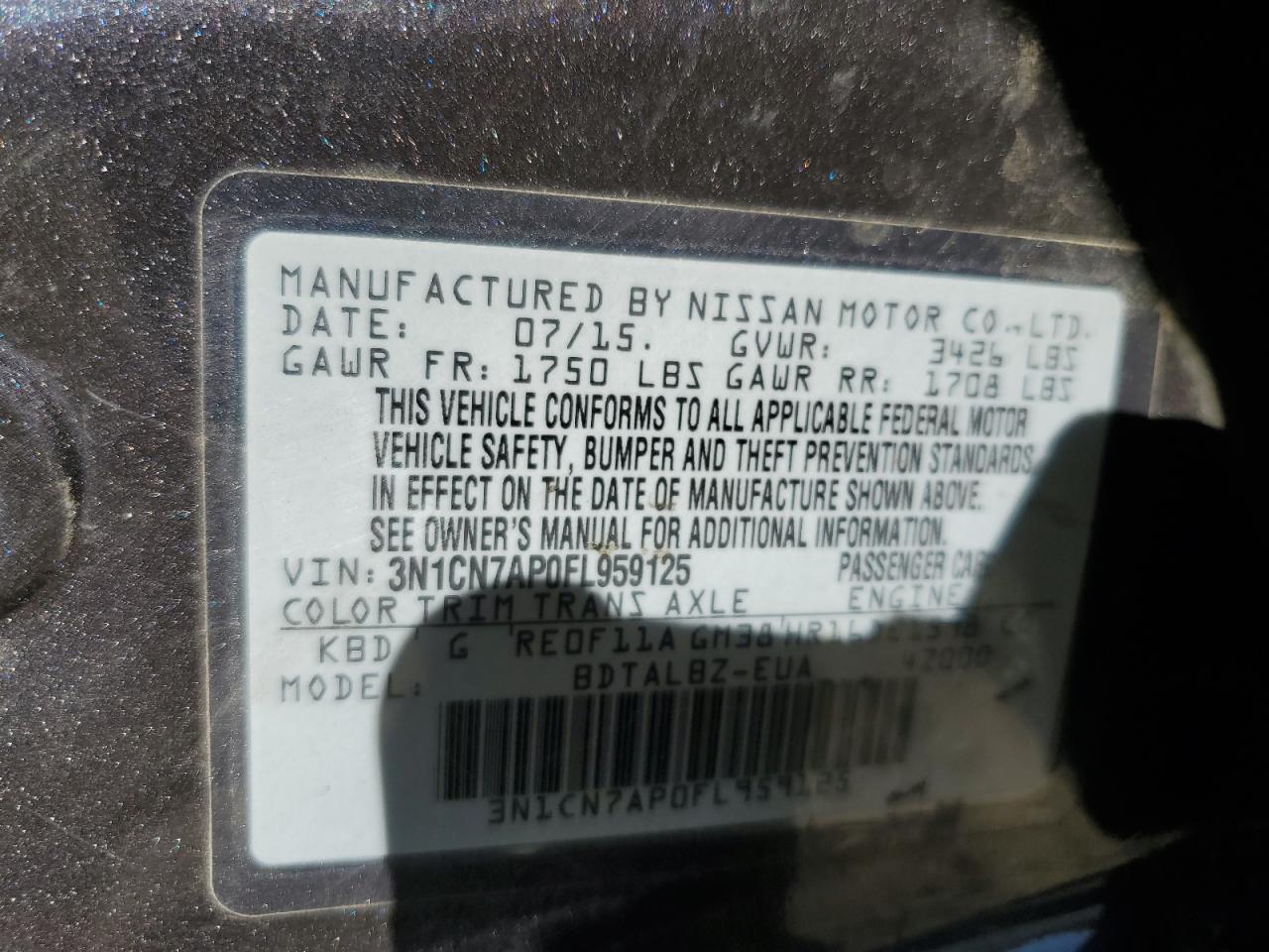 VIN 3N1CN7AP0FL959125 2015 NISSAN VERSA no.12