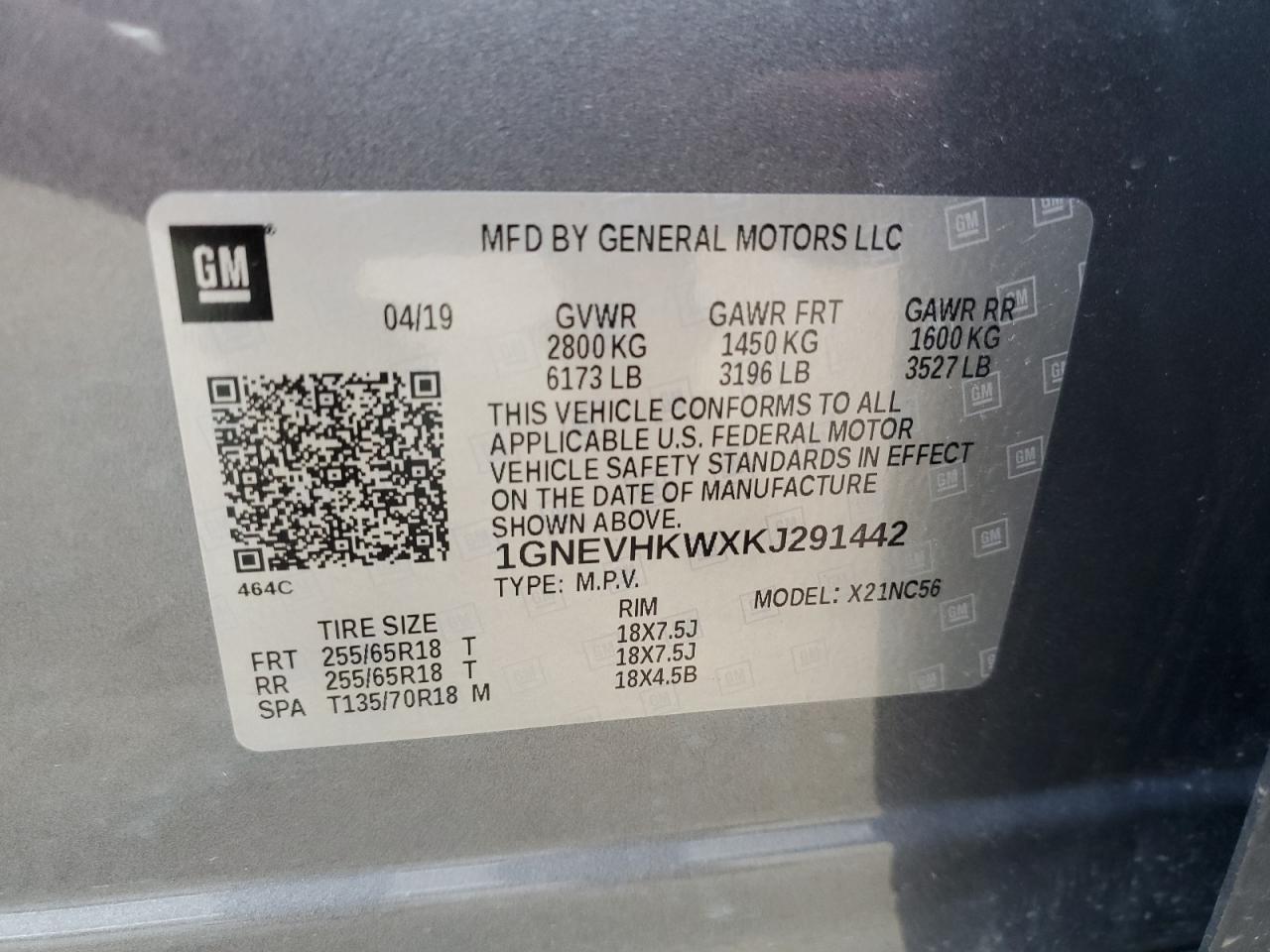 2019 Chevrolet Traverse Lt VIN: 1GNEVHKWXKJ291442 Lot: 79171124