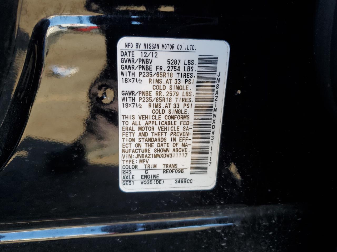 2013 Nissan Murano S VIN: JN8AZ1MWXDW311117 Lot: 80560384