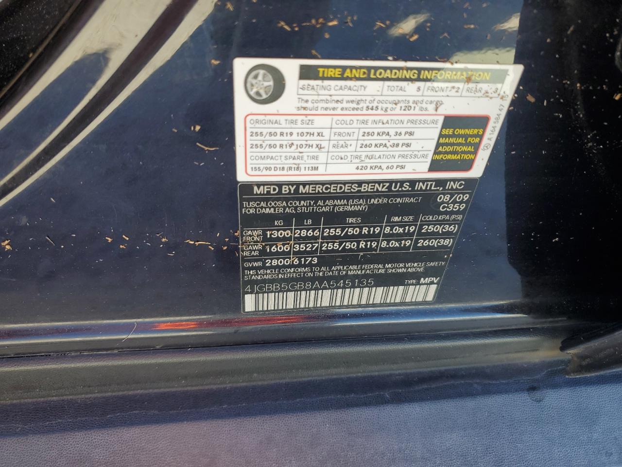 2010 Mercedes-Benz Ml 350 VIN: 4JGBB5GB8AA545135 Lot: 81272114