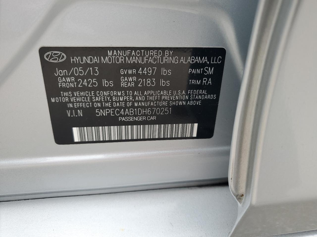2013 Hyundai Sonata Se VIN: 5NPEC4AB1DH670251 Lot: 78994204