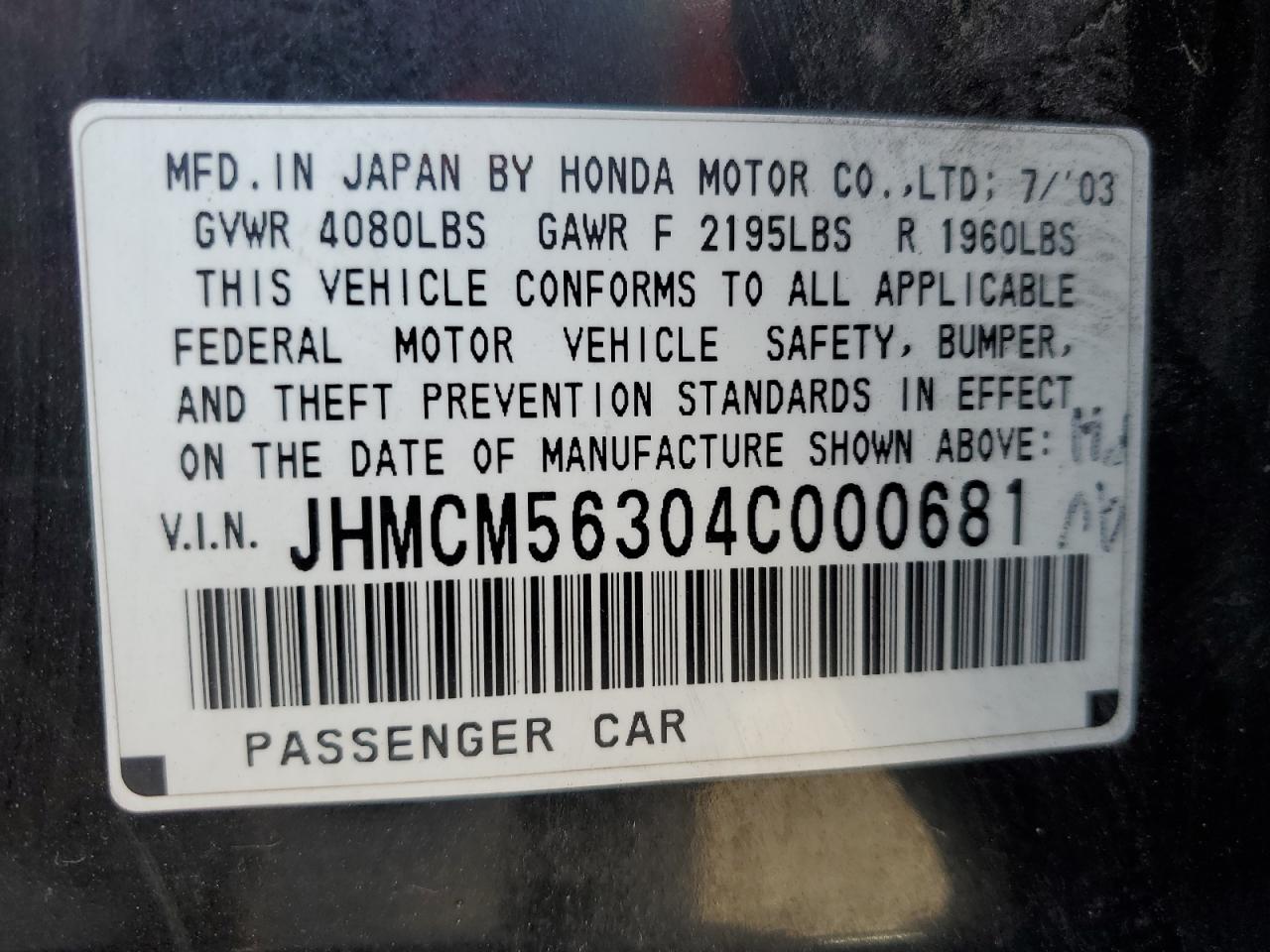 2004 Honda Accord Lx VIN: JHMCM56304C000681 Lot: 80545504