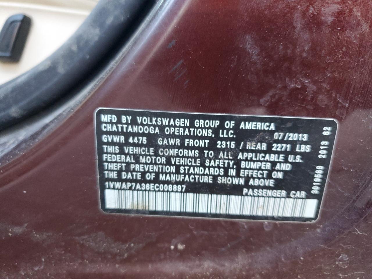 2014 Volkswagen Passat S VIN: 1VWAP7A36EC008897 Lot: 58833395