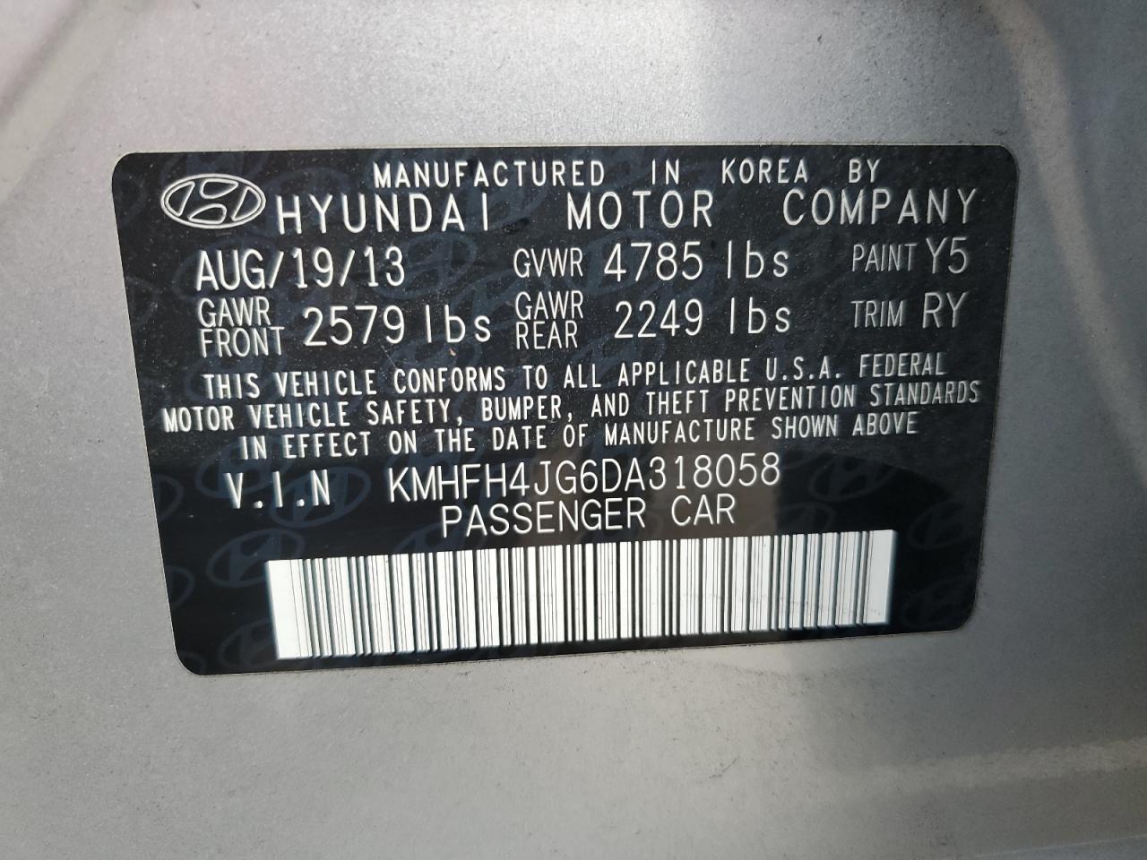 2013 Hyundai Azera Gls VIN: KMHFH4JG6DA318058 Lot: 79606684