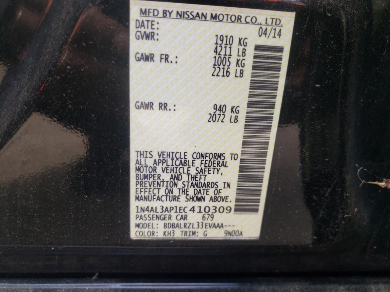 2014 Nissan Altima 2.5 VIN: 1N4AL3AP1EC410309 Lot: 78917344