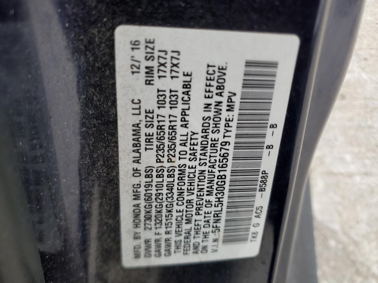 VIN 5FNRL5H30GB165679 2016 HONDA ODYSSEY no.14