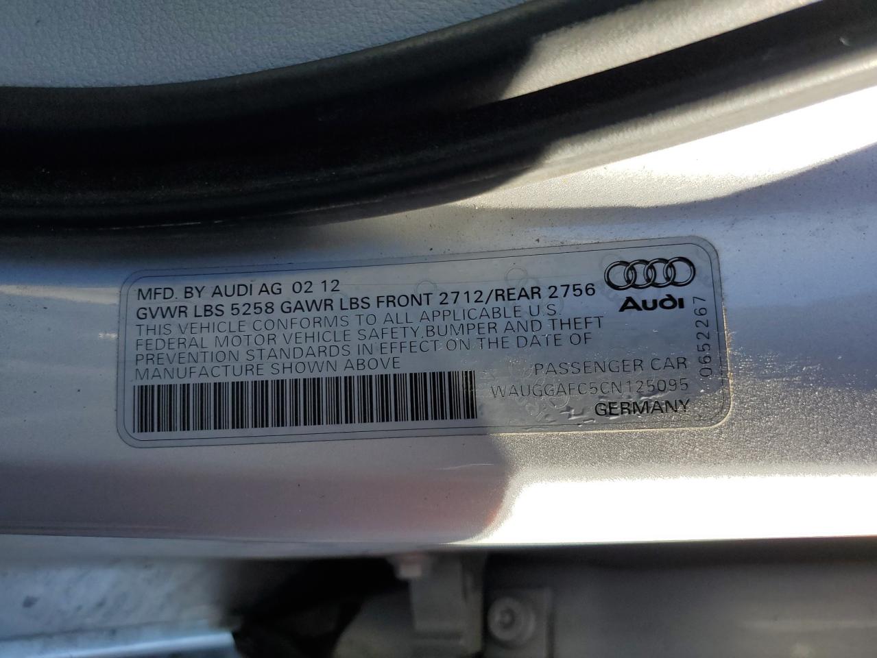 2012 Audi A6 Premium Plus VIN: WAUGGAFC5CN125095 Lot: 79738414