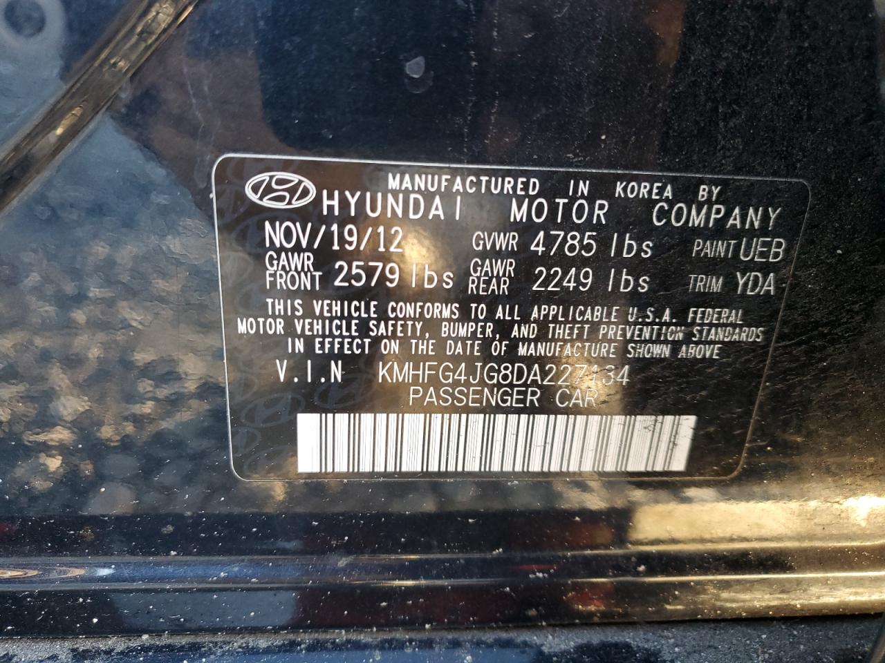 2013 Hyundai Azera VIN: KMHFG4JG8DA227134 Lot: 81107294