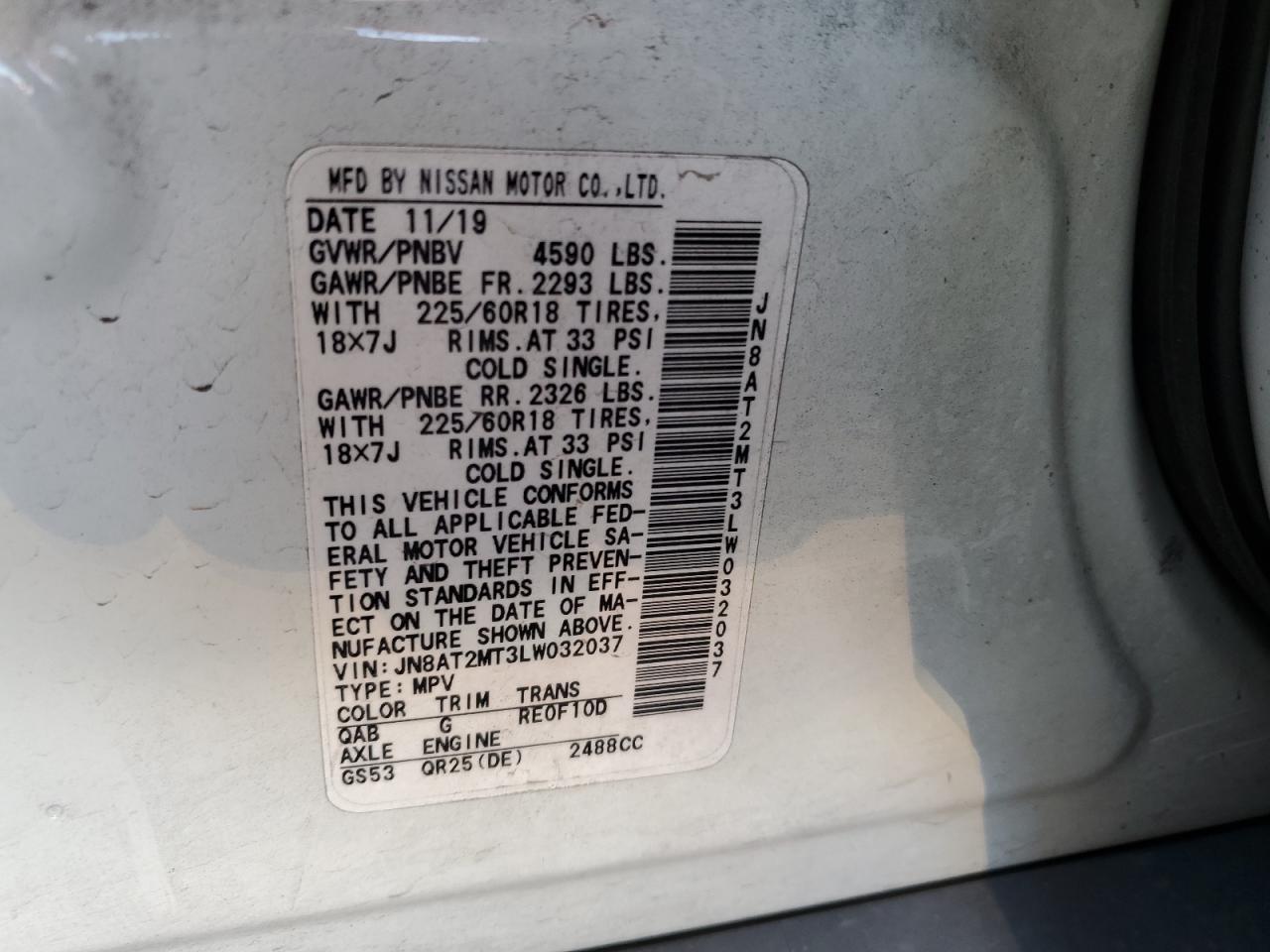 2020 Nissan Rogue S VIN: JN8AT2MT3LW032037 Lot: 80735514