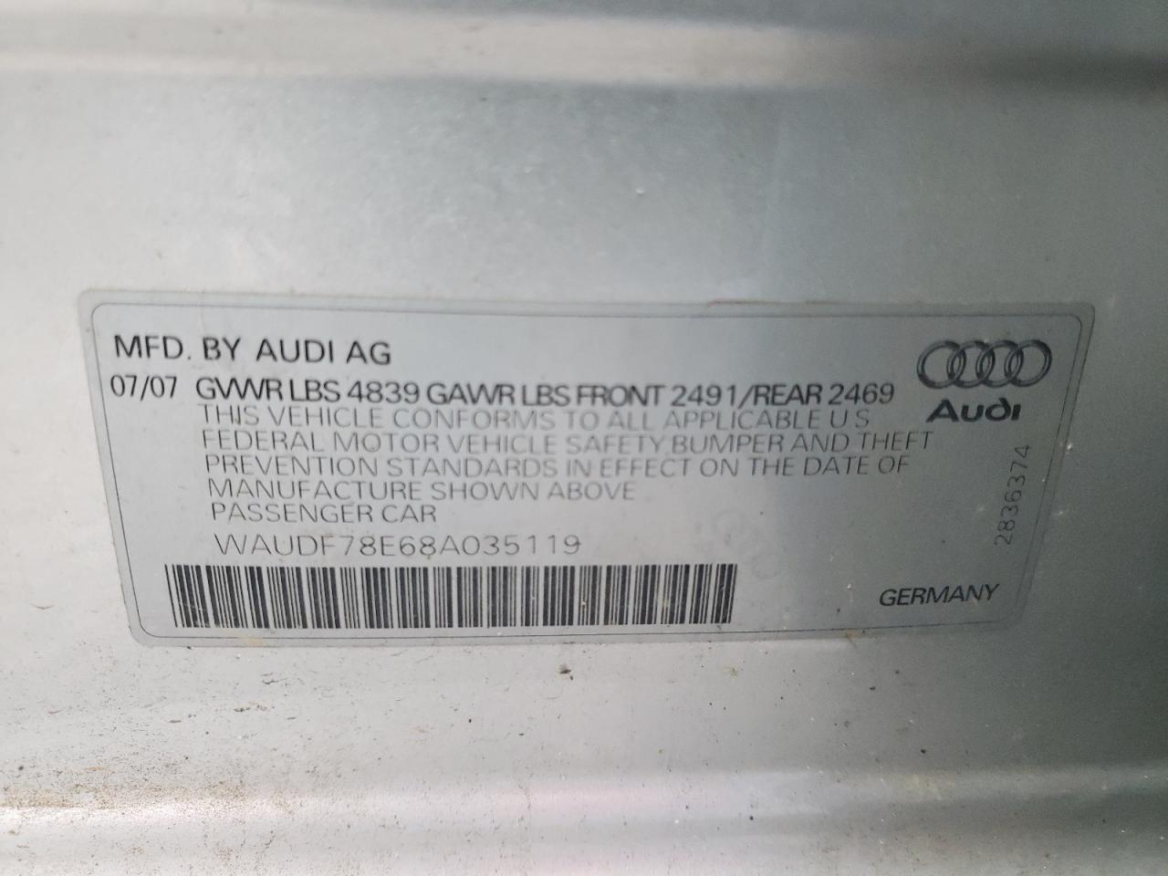 2008 Audi A4 2.0T Quattro VIN: WAUDF78E68A035119 Lot: 80044434