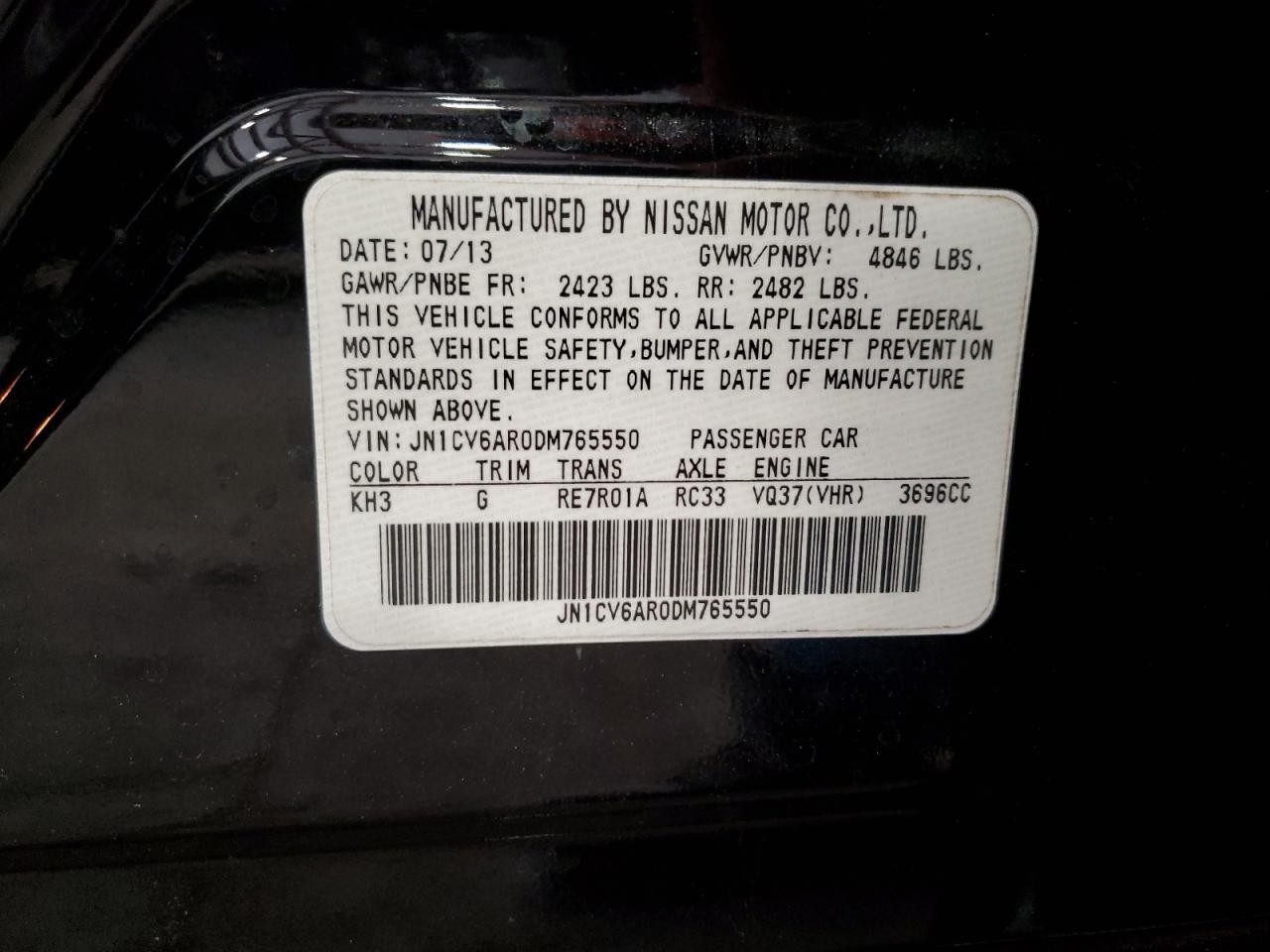 2013 Infiniti G37 VIN: JN1CV6AR0DM765550 Lot: 78848074