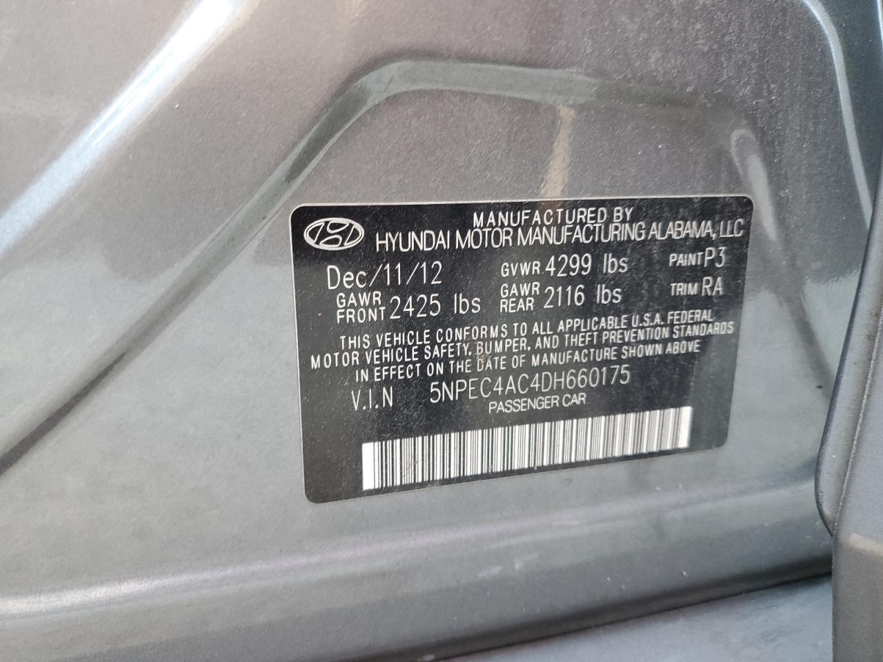 2013 Hyundai Sonata Se VIN: 5NPEC4AC4DH660175 Lot: 81955034