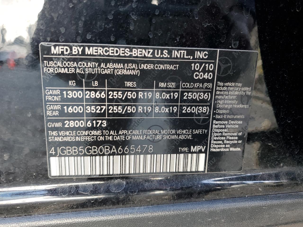 2011 Mercedes-Benz Ml 350 VIN: 4JGBB5GB0BA665478 Lot: 81005354