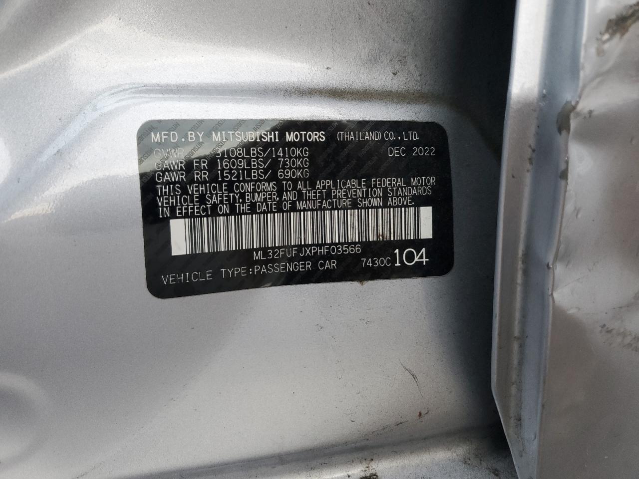 2023 Mitsubishi Mirage G4 Es VIN: ML32FUFJXPHF03566 Lot: 79627054