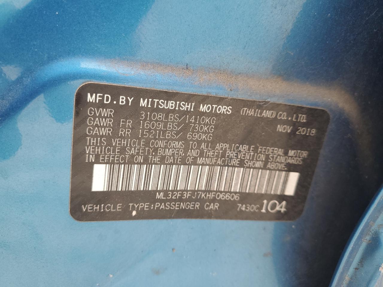 2019 Mitsubishi Mirage G4 Es VIN: ML32F3FJ7KHF06606 Lot: 80013624