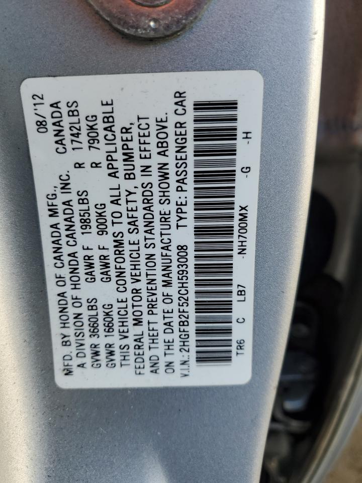 2012 Honda Civic Lx VIN: 2HGFB2F52CH593008 Lot: 80275764