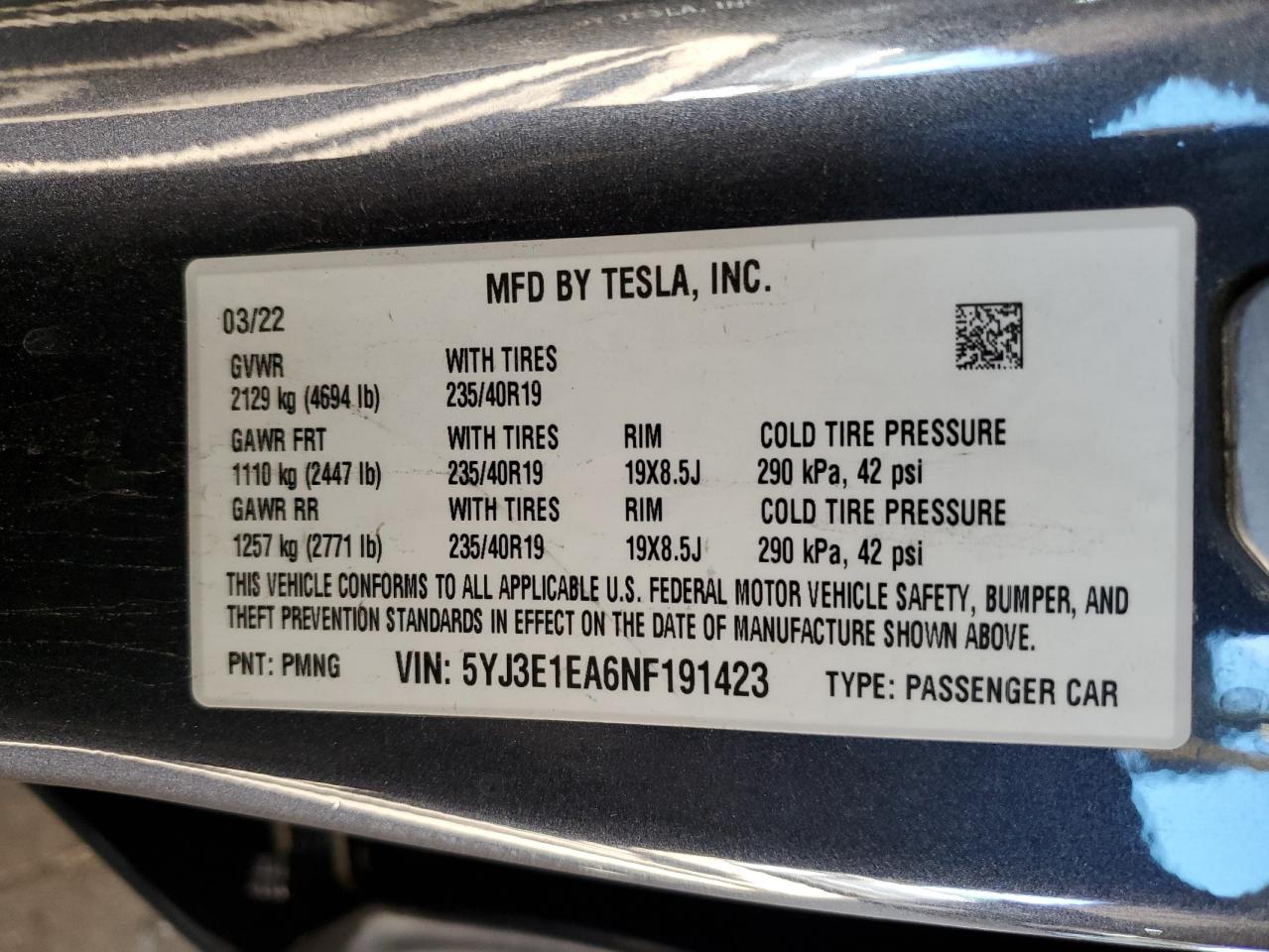 2022 Tesla Model 3 VIN: 5YJ3E1EA6NF191423 Lot: 79135814