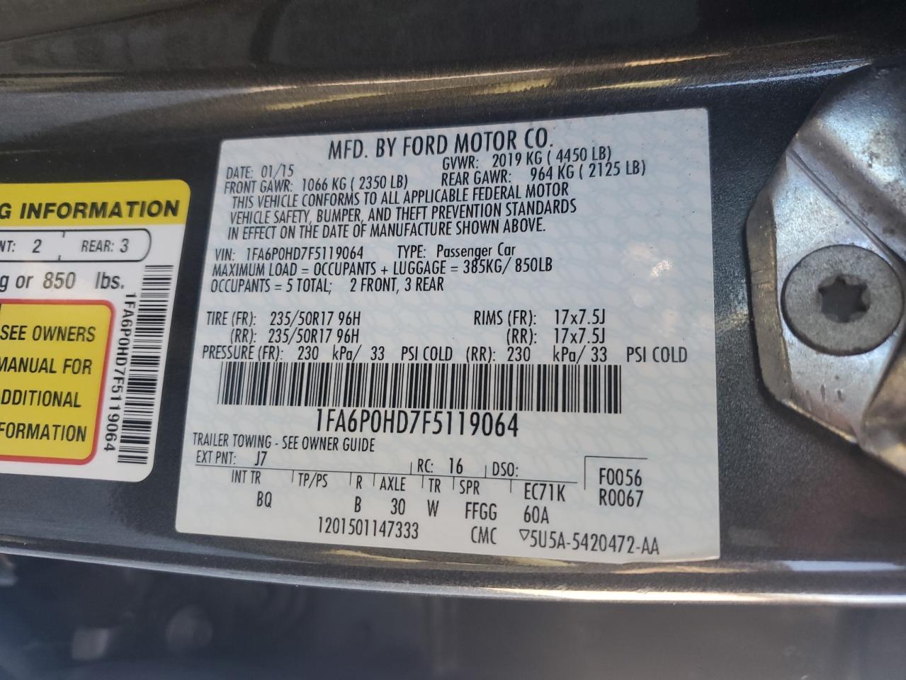 2015 Ford Fusion Se VIN: 1FA6P0HD7F5119064 Lot: 81929394