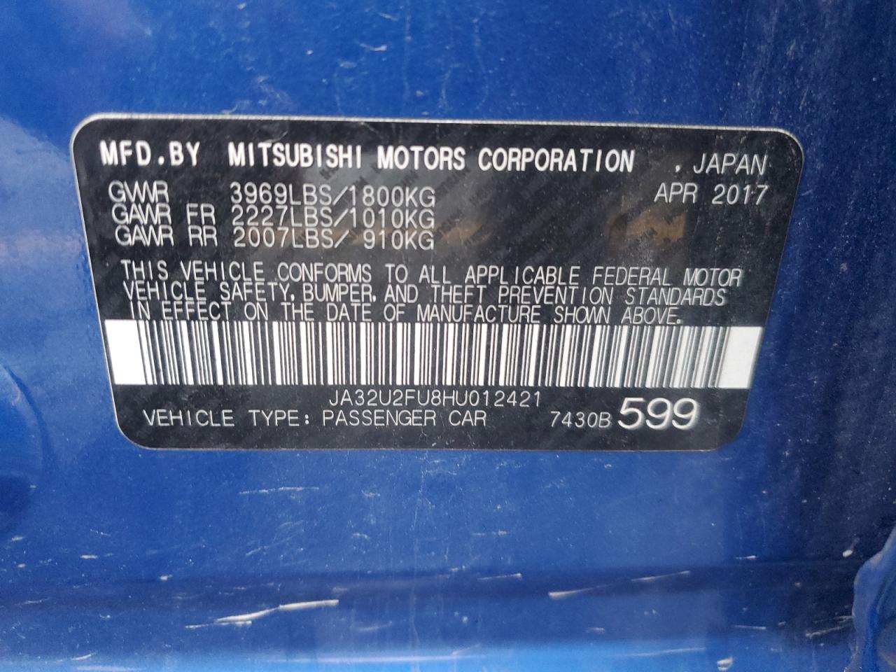 2017 Mitsubishi Lancer Es VIN: JA32U2FU8HU012421 Lot: 80122024