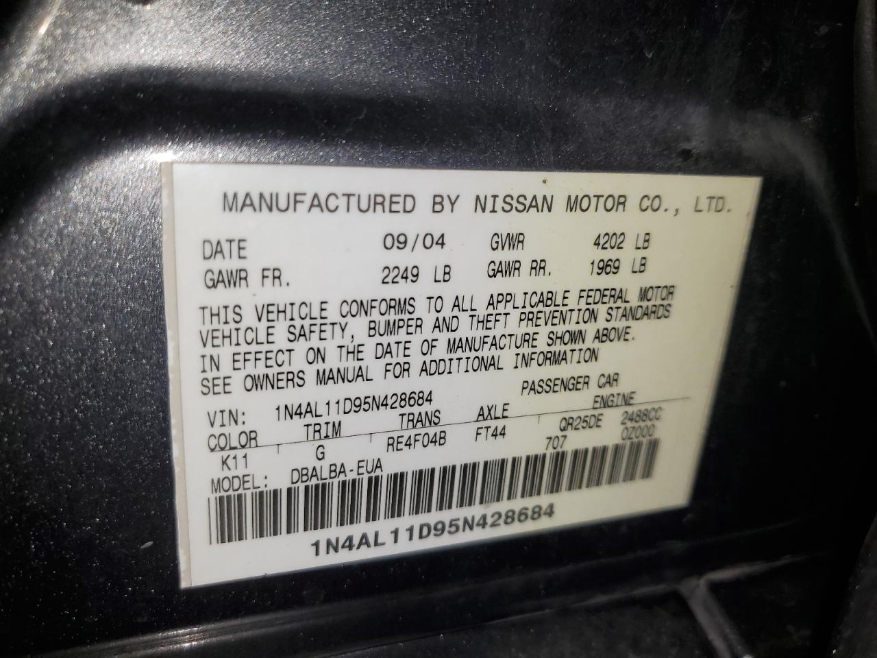 2005 Nissan Altima S VIN: 1N4AL11D95N428684 Lot: 79347474