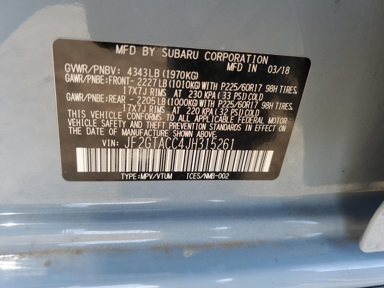 2018 Subaru Crosstrek Premium VIN: JF2GTACC4JH315261 Lot: 81583974