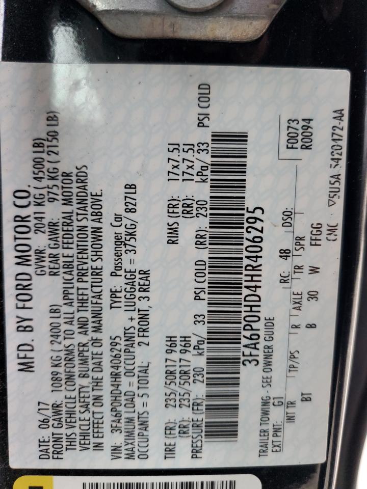 2017 Ford Fusion Se VIN: 3FA6P0HD4HR406295 Lot: 81591574