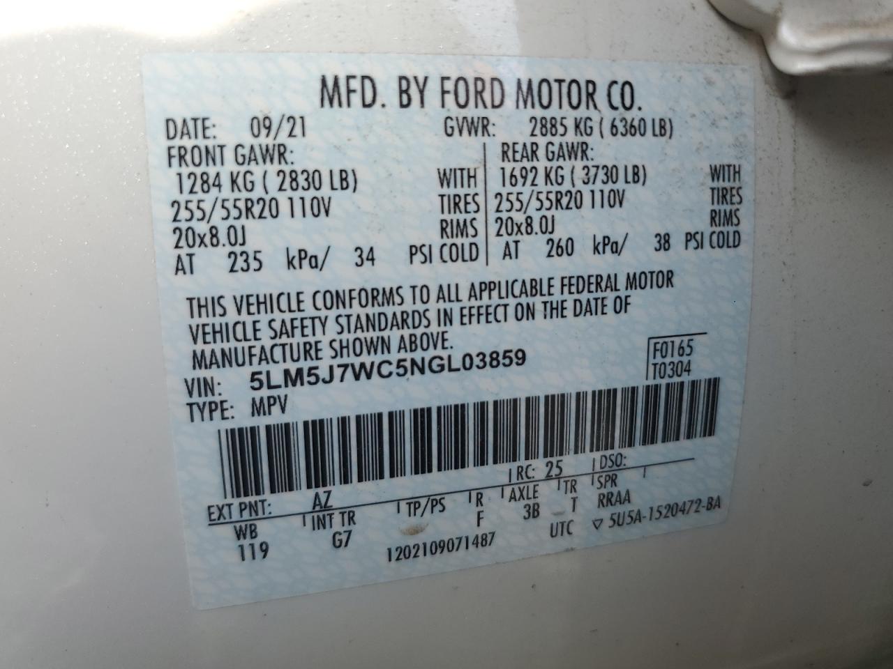 2022 Lincoln Aviator Reserve VIN: 5LM5J7WC5NGL03859 Lot: 79436284