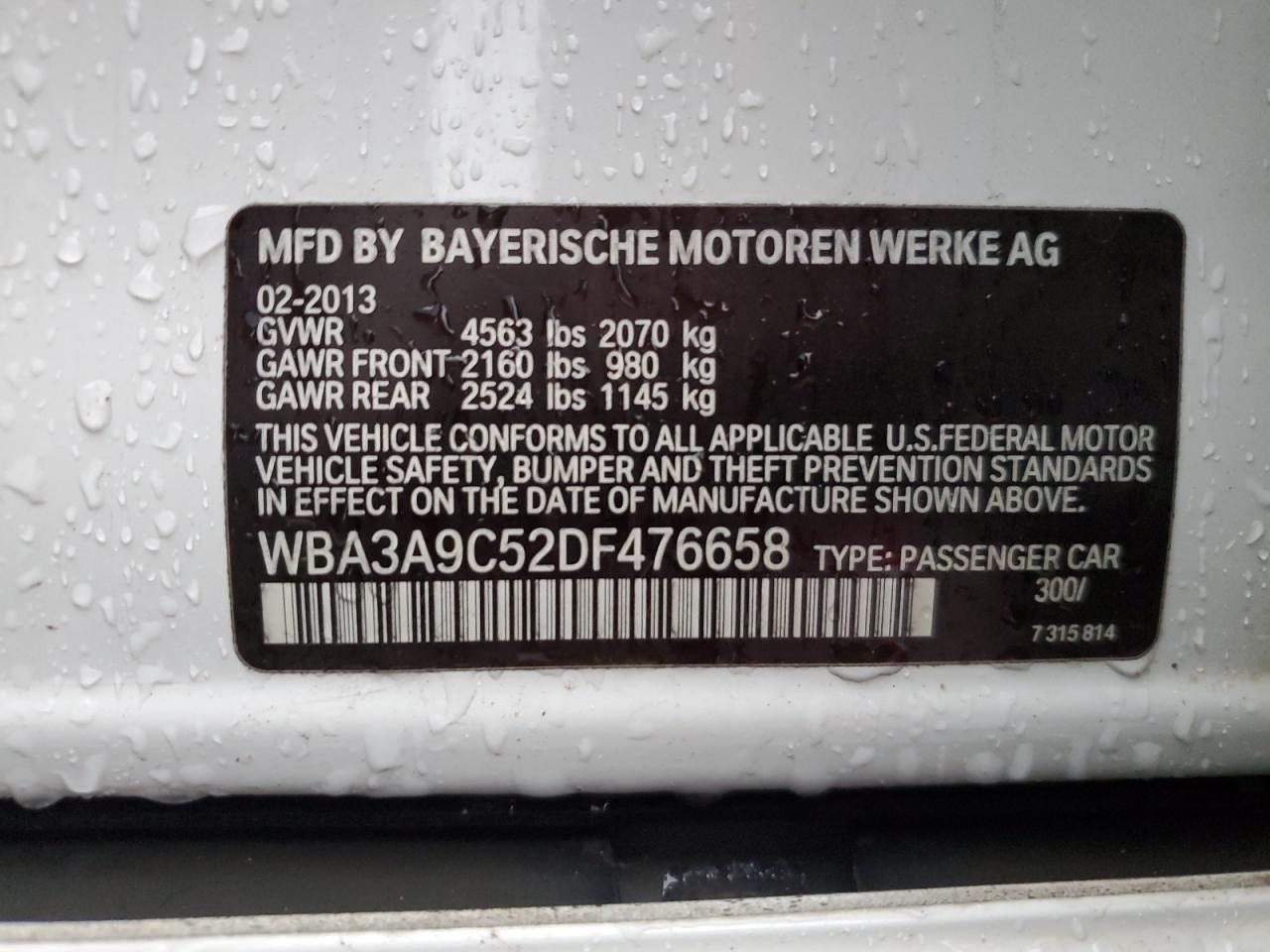 VIN WBA3A9C52DF476658 2013 BMW 3 SERIES no.12