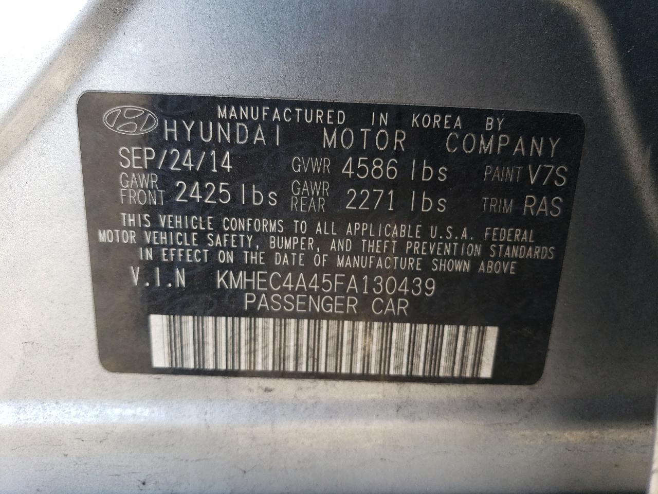 2015 Hyundai Sonata Hybrid VIN: KMHEC4A45FA130439 Lot: 80871484