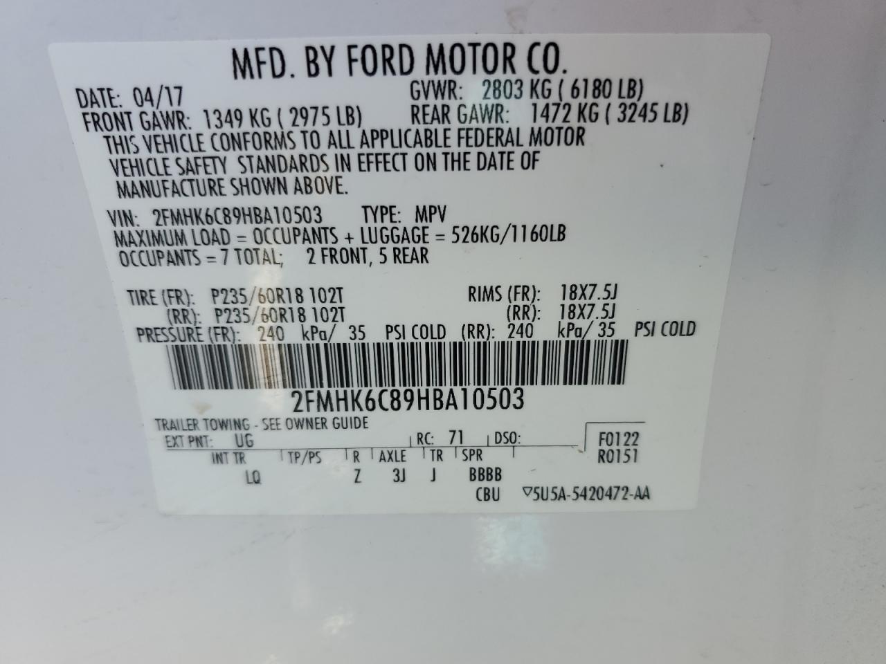 2017 Ford Flex Sel VIN: 2FMHK6C89HBA10503 Lot: 81625614