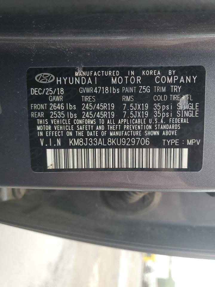 2019 Hyundai Tucson Limited VIN: KM8J33AL8KU929706 Lot: 79833094