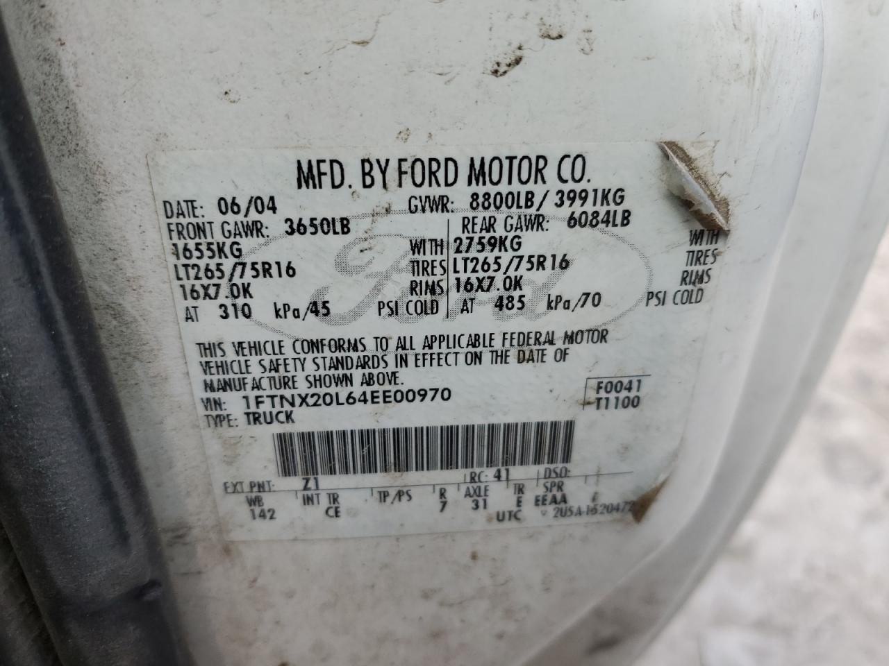 2004 Ford F250 Super Duty VIN: 1FTNX20L64EE00970 Lot: 81579374