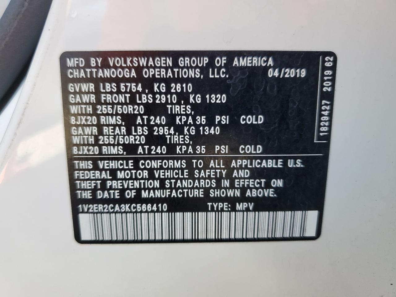 2019 Volkswagen Atlas Sel VIN: 1V2ER2CA3KC566410 Lot: 79165164