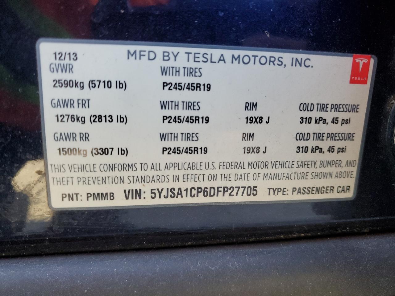 2013 Tesla Model S VIN: 5YJSA1CP6DFP27705 Lot: 79744554